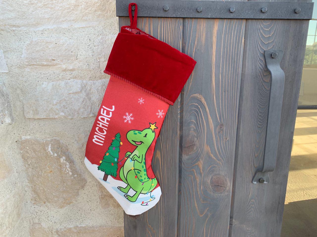 Dinosaur Personalized Burgundy Christmas Stocking
