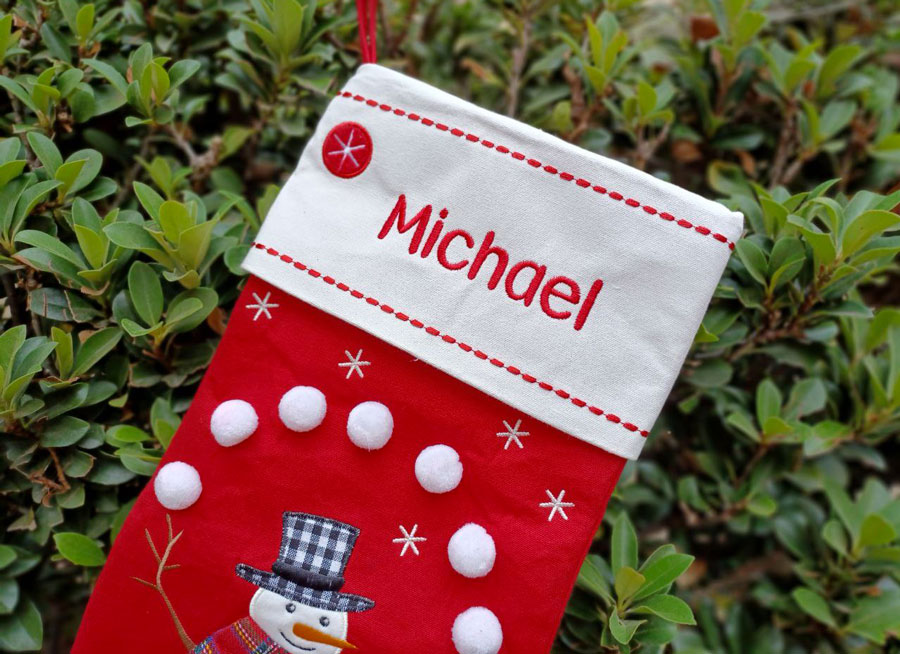 Personalized Christmas Stocking with White Pom Poms