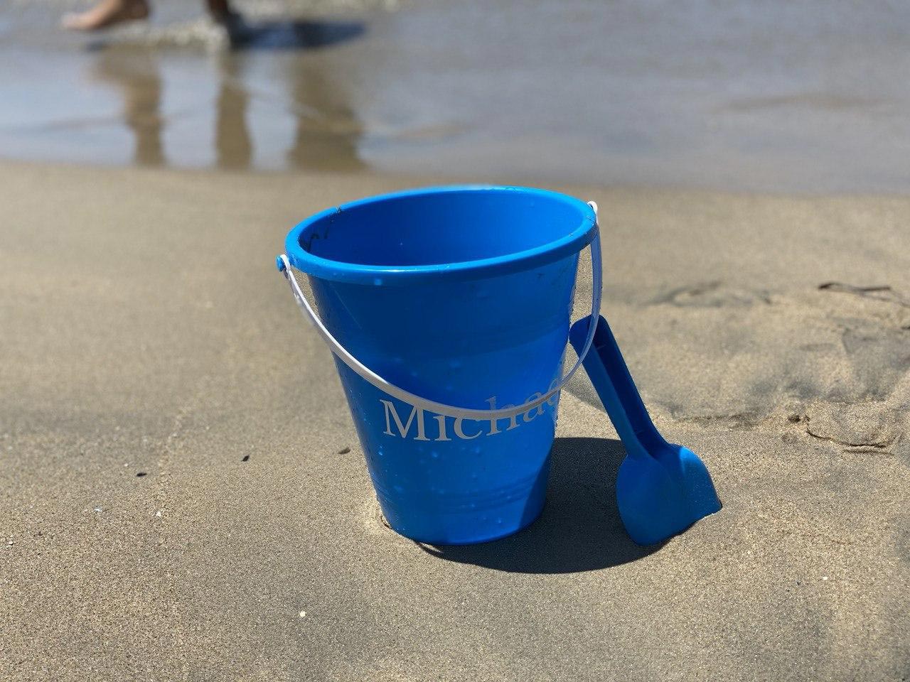 Personalized blue bucket and shovel from Personalization Mall 