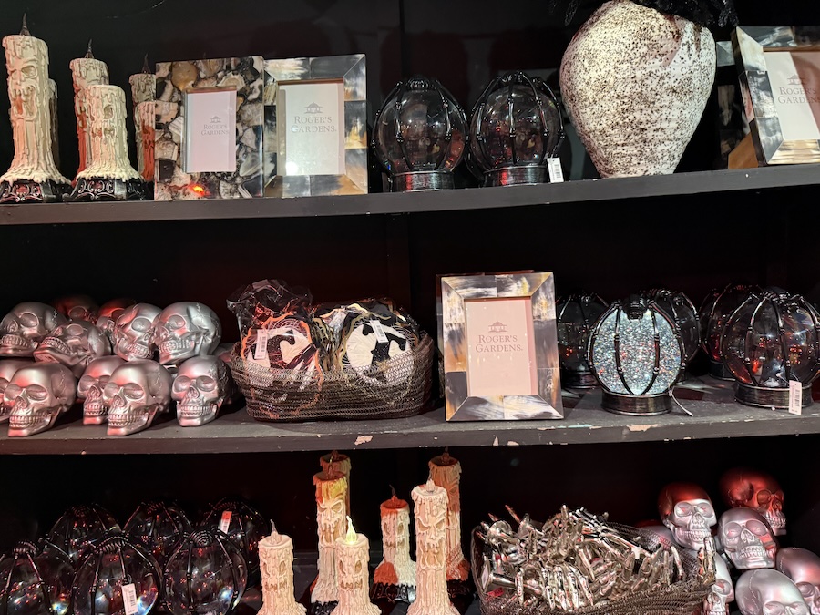 Curated collection of spooky Halloween decor inside the Roger’s Gardens boutique.