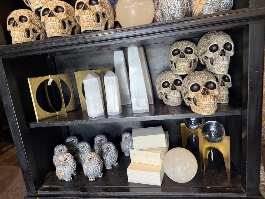 Decorative skulls, crystals, and owl figurines