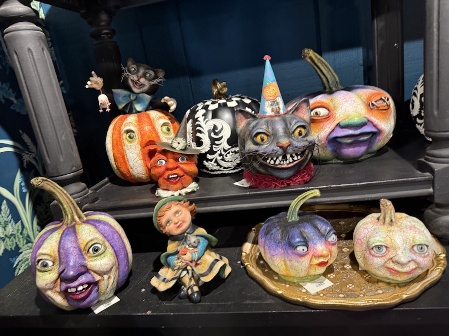Hand-painted Vergie Lightfoot pumpkins featured in the Roger’s Gardens Halloween display.