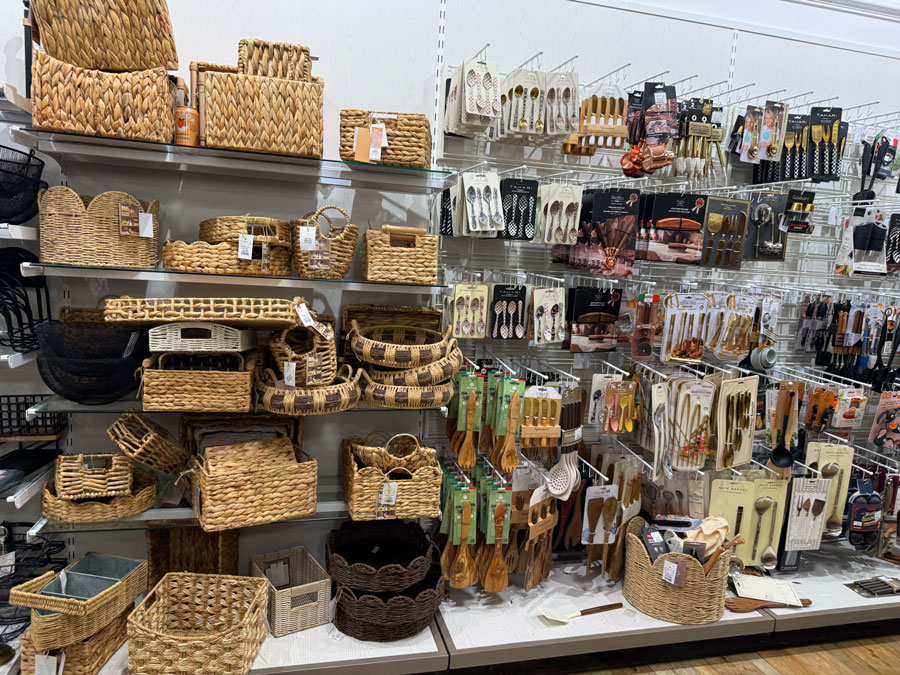 Woven storage baskets and kitchen utensils displayed at TJ Maxx