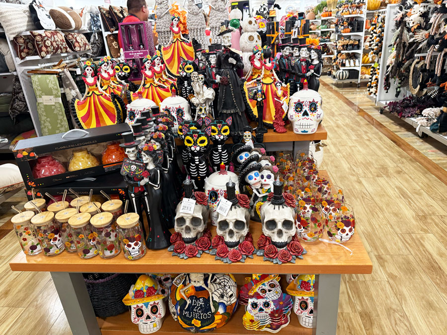 Colorful Day of the Dead skulls, skeleton figures and drinkware at TJ Maxx