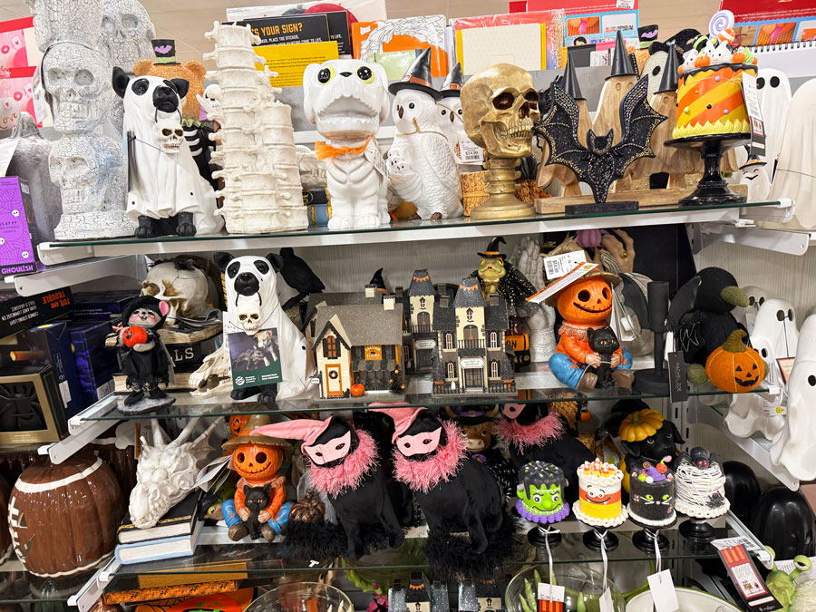 Halloween owls, skulls, bats, haunted houses and pumpkin figurines at TJ Maxx