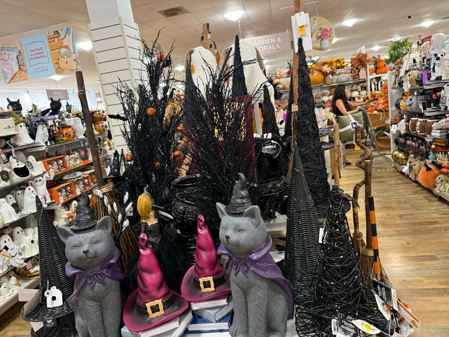 Witch cat statues, black decorative trees and Halloween accents at TJ Maxx